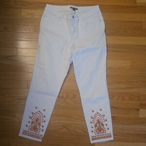 Boston Proper White and Orange Cropped Jeans with Embroidery